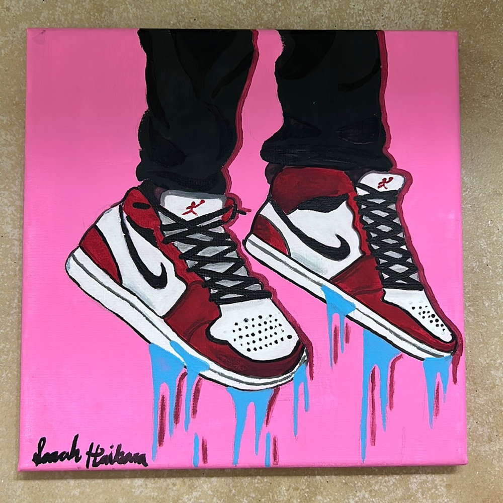 Red and black Jordan 1 painting, with pink background.